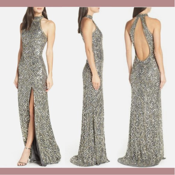 NEW MAC DUGGAL [ 12 ] High-neck Sequin‎ Column Gown In Platinum Grey GOld - Picture 1 of 16